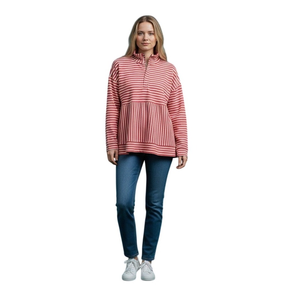Alice Walk Pullover Women Large Red Striped Quarter Zip Pima Cotton Coastal